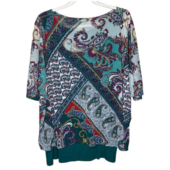 Chico's Lightweight Paisley Mesh Overlay 3/4 sleeve Top Size 2 Large - Picture 3 of 6